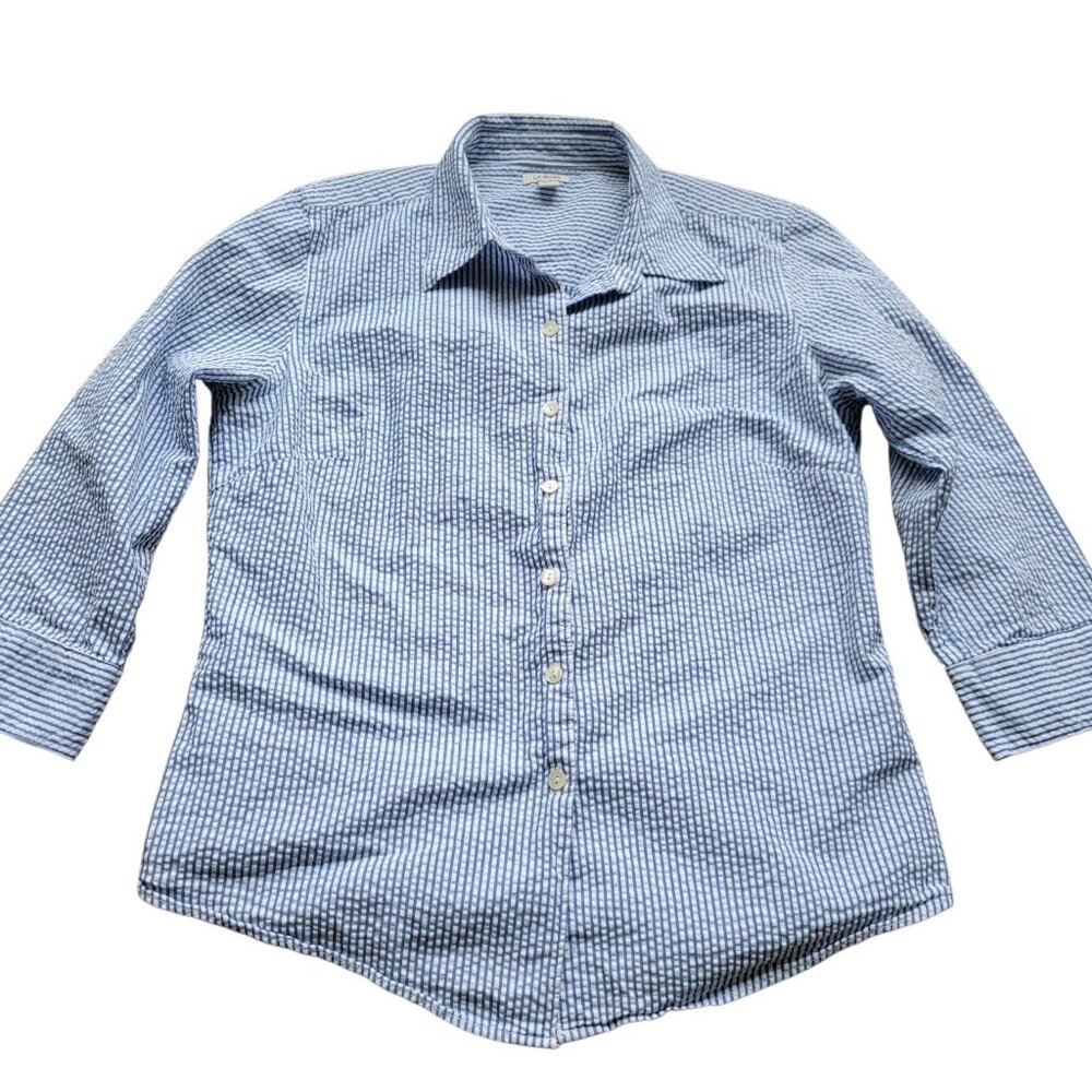 LL Bean Shirt Womens Small Blue Button Up 3/4 Sleeve Striped Seersucker Blouse